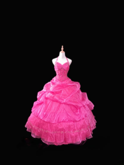 Modest Ball Gown Halter Hot Pink Sleeveless With Beading Tiered Layers Long Quinceanera Dress vestido de 15 de cenicienta RB3564