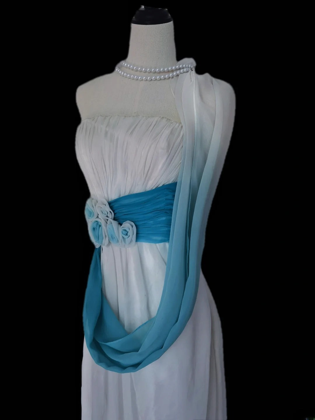 Robe de bal longue vintage trapèze sans bretelles, en mousseline blanche et bleue ombrée, sans manches, style A, pour les élèves de terminale (AS101)