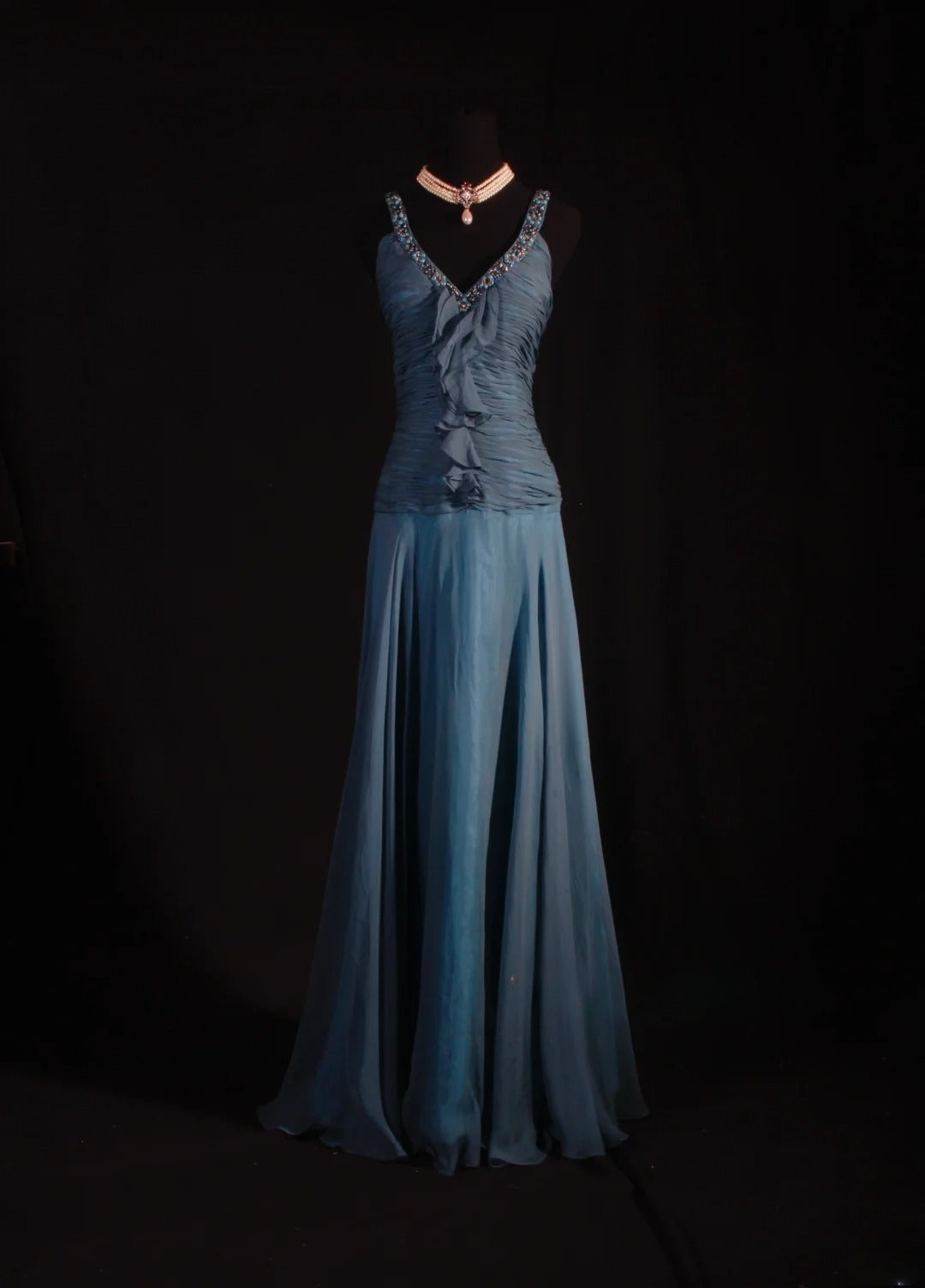Robe de soirée longue chic sirène en mousseline avec perles et col en V AS102