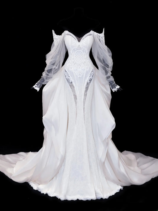 Elegant Women's Mermaid Off The Shoulder With Long Sleeves White Tulle Lace Long Wedding Gowns Dresses SA102