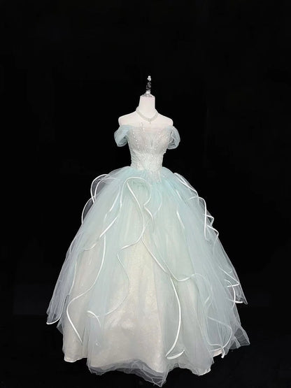 Cute Ball Gown Off The Shoulder Blue Tulle With Beading Quince Dress Voluminous Ideas Sweet 16 Quinceanera Dresses Vestido de 15 RB7472