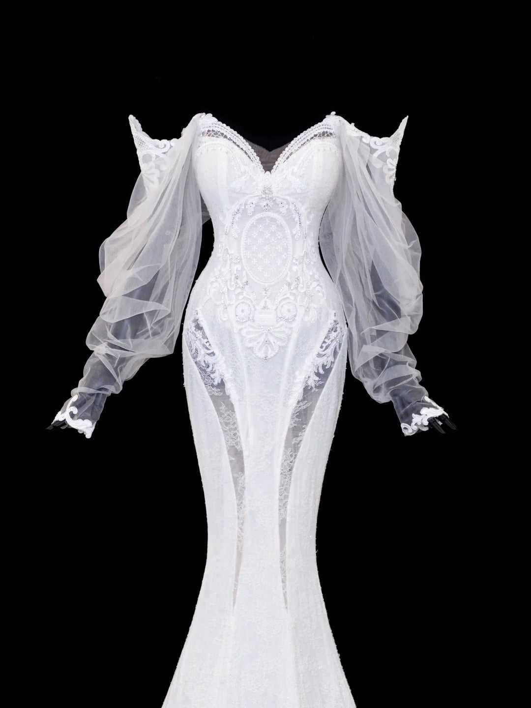 Elegant Women's Mermaid Off The Shoulder With Long Sleeves White Tulle Lace Long Wedding Gowns Dresses SA102