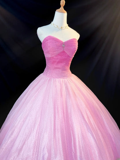 Modest Ball Gown Sweetheart Pink Sleeveless With Beading Tulle Long Quince Dress Sweet 16 Dresses vestido de 15 de cenicienta RB3565