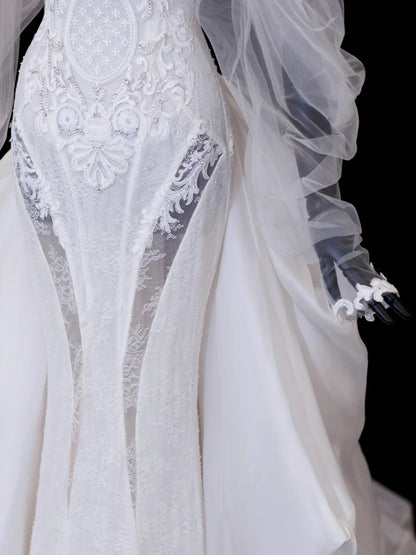 Elegant Women's Mermaid Off The Shoulder With Long Sleeves White Tulle Lace Long Wedding Gowns Dresses SA102