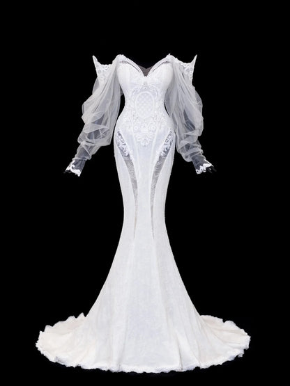 Elegant Women's Mermaid Off The Shoulder With Long Sleeves White Tulle Lace Long Wedding Gowns Dresses SA102