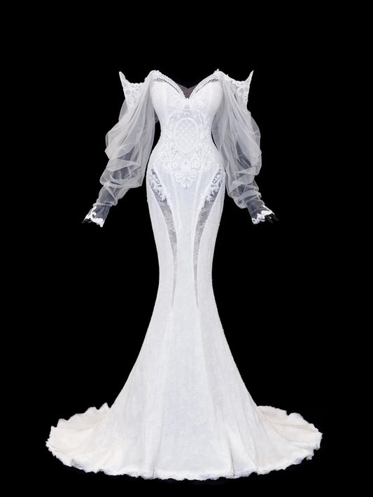 Elegant Women's Mermaid Off The Shoulder With Long Sleeves White Tulle Lace Long Wedding Gowns Dresses SA102