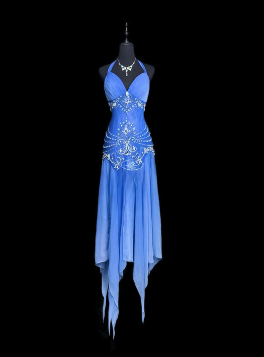 Vintage 1980s Prom Dresses A Line Halter Gradient Blue Colors With Beaded Evening Dress Formal Outfits RB5908
