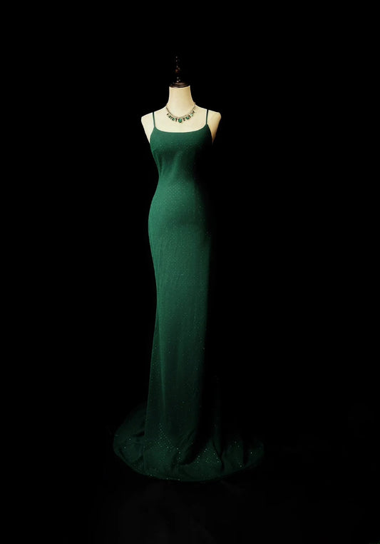 Vintage 80s Prom Dresses Mermaid Spaghetti Strap Dark Green With Backless Beaded Long Evening Dress Formal Outfits RB5909