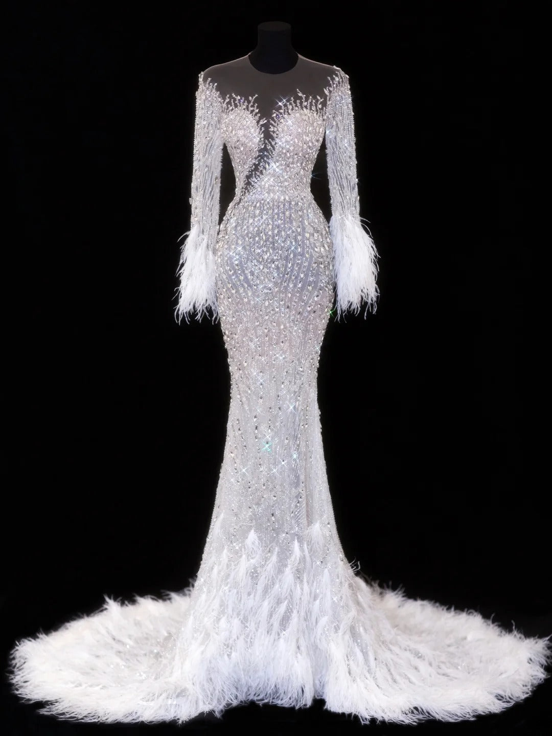 Elegant Women's Mermaid Scoop Neck With Long Sleeves White Tulle With Beadings Feather Long Wedding Gowns Dresses SA103