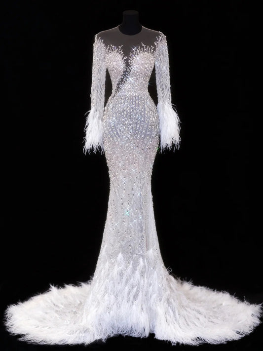 Elegant Women's Mermaid Scoop Neck With Long Sleeves White Tulle With Beadings Feather Long Wedding Gowns Dresses SA103