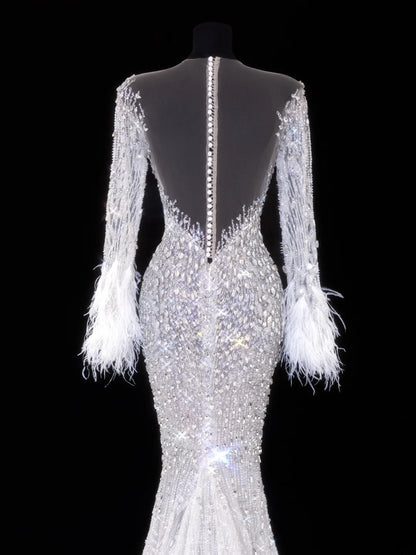Elegant Women's Mermaid Scoop Neck With Long Sleeves White Tulle With Beadings Feather Long Wedding Gowns Dresses SA103