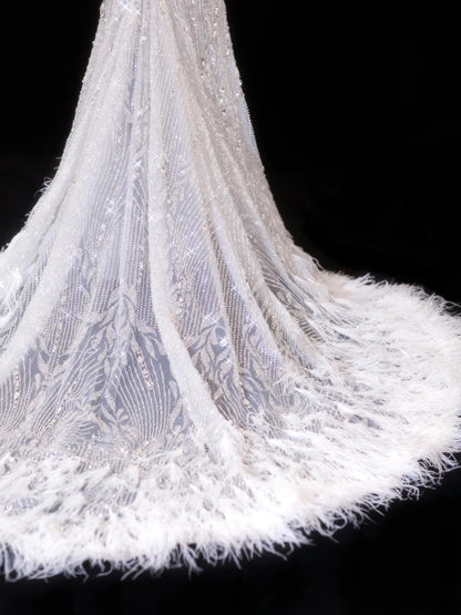 Elegant Women's Mermaid Scoop Neck With Long Sleeves White Tulle With Beadings Feather Long Wedding Gowns Dresses SA103