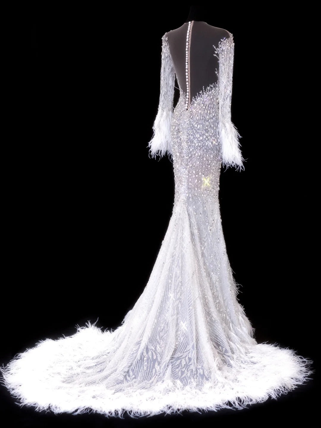 Elegant Women's Mermaid Scoop Neck With Long Sleeves White Tulle With Beadings Feather Long Wedding Gowns Dresses SA103