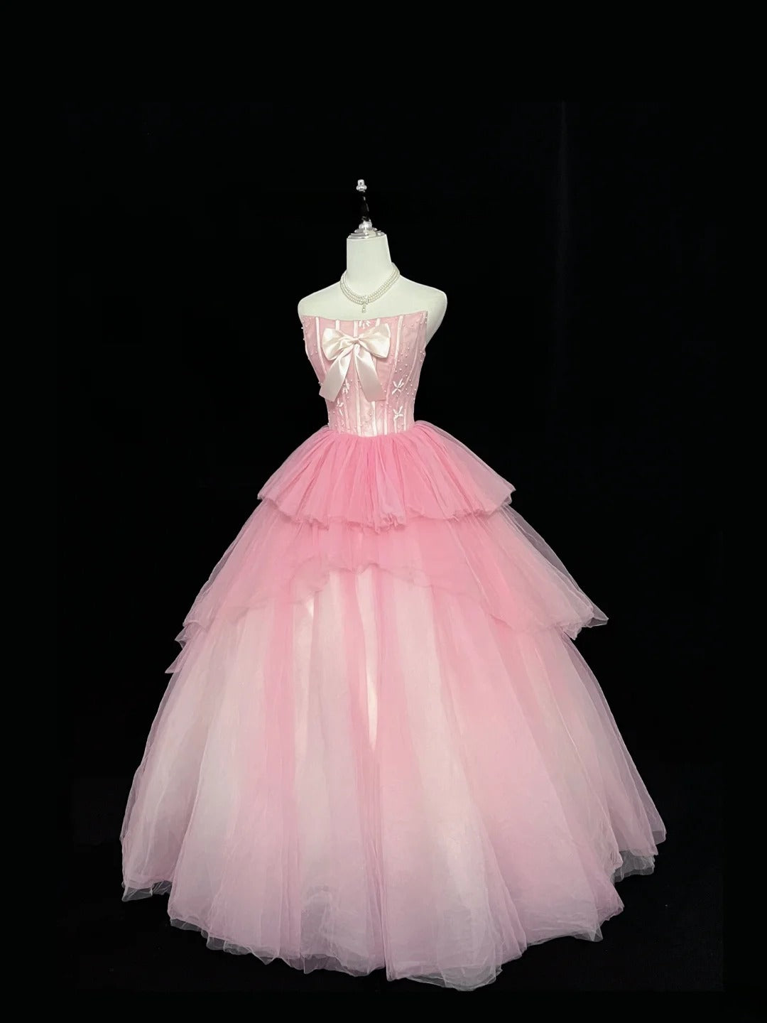 Princess Ball Gown Strapless Tulle Pink With Bow Quince Dress Voluminous Sweet 16 Sweet Sixteen Outfits Vestido de 15 RB7474