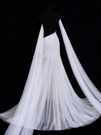 Elegant Women's Mermaid Strapless With One Shoulder Sleeves White Tulle Long Wedding Gowns Dresses SA104