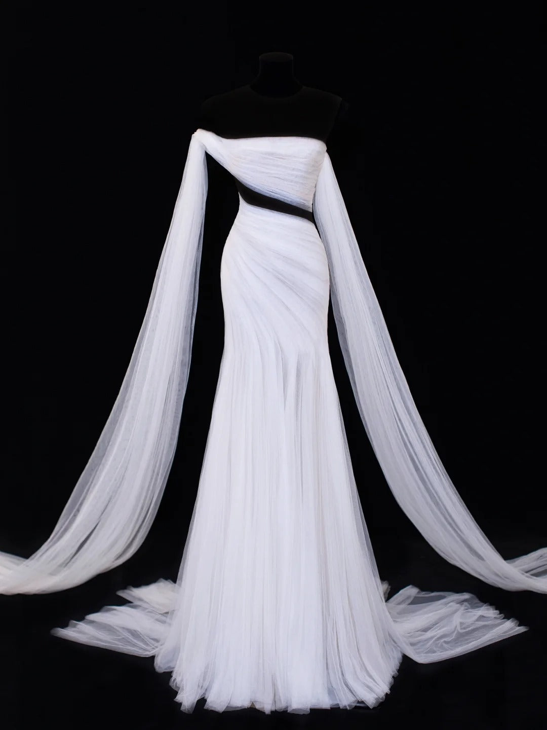 Elegant Women's Mermaid Strapless With One Shoulder Sleeves White Tulle Long Wedding Gowns Dresses SA104