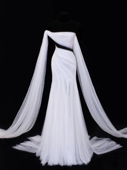 Elegant Women's Mermaid Strapless With One Shoulder Sleeves White Tulle Long Wedding Gowns Dresses SA104