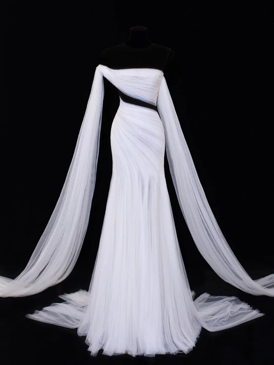 Elegant Women's Mermaid Strapless With One Shoulder Sleeves White Tulle Long Wedding Gowns Dresses SA104