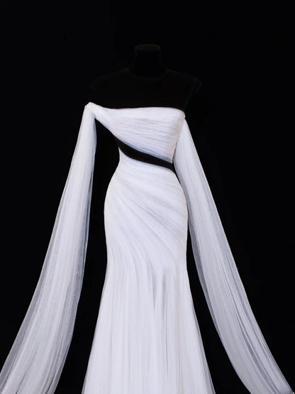 Elegant Women's Mermaid Strapless With One Shoulder Sleeves White Tulle Long Wedding Gowns Dresses SA104