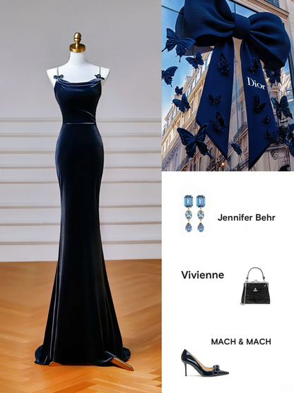 Elegantes Meerjungfrauen-Kleid mit Spaghettiträgern, marineblau, mit Schleife, langes formelles Ballkleid, Abendkleid, Partykleid AQ105