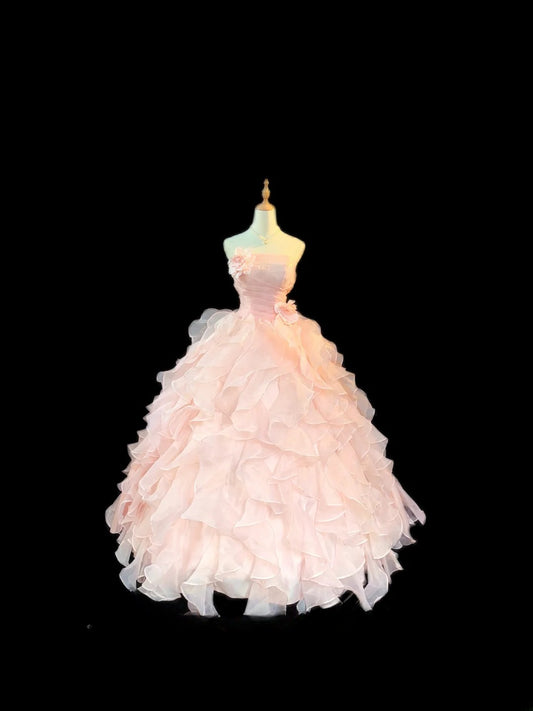 Modest Ball Gown Strapless Pink Tiered Layers Sleeveless With Flowers Long Sweet 16 Dresses Seventeen Quince Dress RB3568