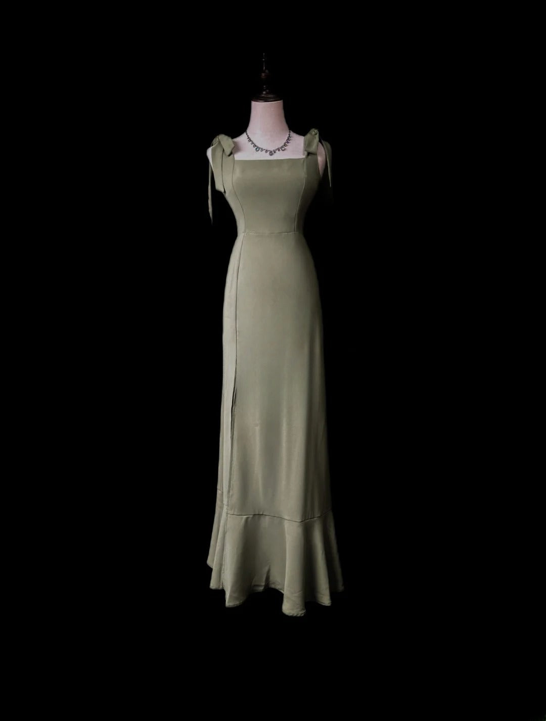 Vintage 80s Prom Dresses Mermaid Spaghetti Strap Olive Green Satin Evening Dress Formal Outfits RB5910