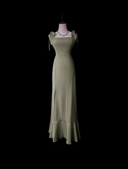 Vintage 80s Prom Dresses Mermaid Spaghetti Strap Olive Green Satin Evening Dress Formal Outfits RB5910
