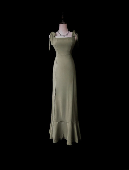 Vintage 80s Prom Dresses Mermaid Spaghetti Strap Olive Green Satin Evening Dress Formal Outfits RB5910