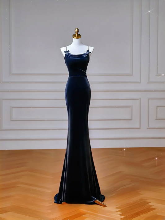 Elegantes Meerjungfrauen-Kleid mit Spaghettiträgern, marineblau, mit Schleife, langes formelles Ballkleid, Abendkleid, Partykleid AQ105