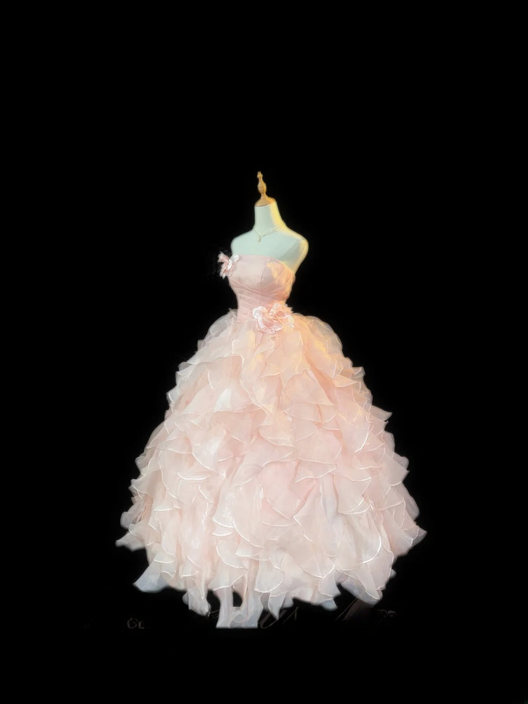 Modest Ball Gown Strapless Pink Tiered Layers Sleeveless With Flowers Long Sweet 16 Dresses Seventeen Quince Dress RB3568