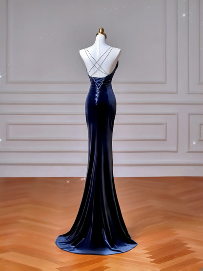 Elegantes Meerjungfrauen-Kleid mit Spaghettiträgern, marineblau, mit Schleife, langes formelles Ballkleid, Abendkleid, Partykleid AQ105