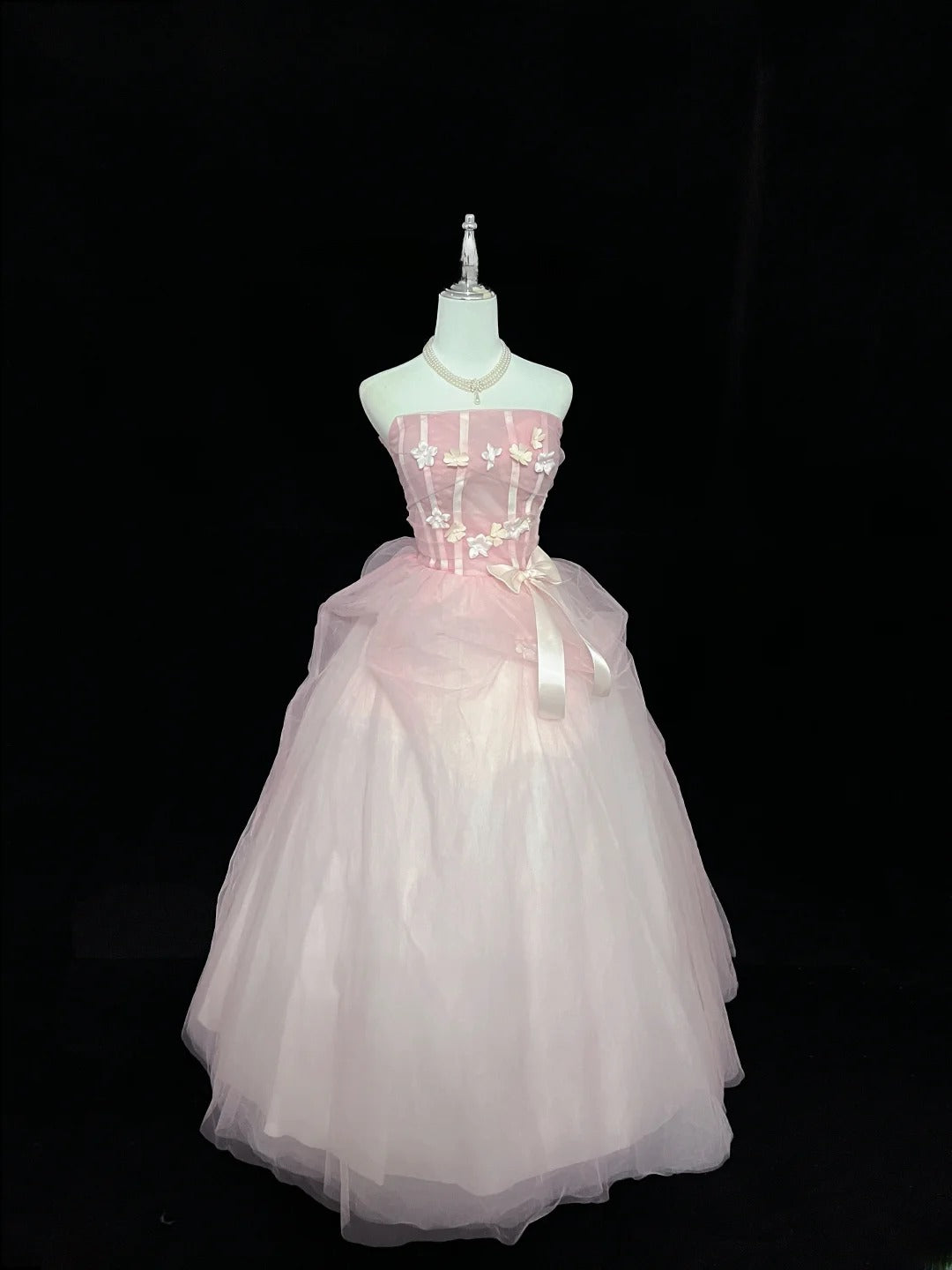 Princess Ball Gown Strapless Tulle Pink With Flowers Quince Dress Voluminous Sweet 16 Sweet Sixteen Outfits Vestido de 15 RB7475