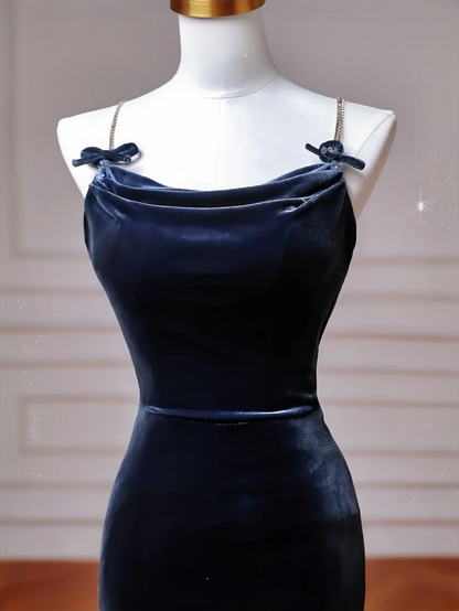 Elegantes Meerjungfrauen-Kleid mit Spaghettiträgern, marineblau, mit Schleife, langes formelles Ballkleid, Abendkleid, Partykleid AQ105