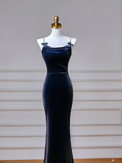 Elegantes Meerjungfrauen-Kleid mit Spaghettiträgern, marineblau, mit Schleife, langes formelles Ballkleid, Abendkleid, Partykleid AQ105