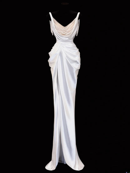 Robe de mariée intemporelle, robe sirène romantique à bretelles spaghetti ornée de perles et fendue, blanche, tailles petites et grandes, SA106