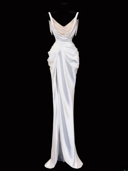 Timeless Wedding Gowns Dresses Romantic Mermaid Spaghetti Strap Pearls for Bride With Slit White Petite/Plus Size Bridal Gown For Women SA106