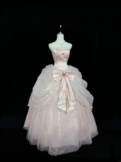 Princess Ball Gown Strapless Organza Pink With Bow-Knot Quince Dress Voluminous Sweet 16 Sweet Sixteen Outfits Vestido de 15 RB7476
