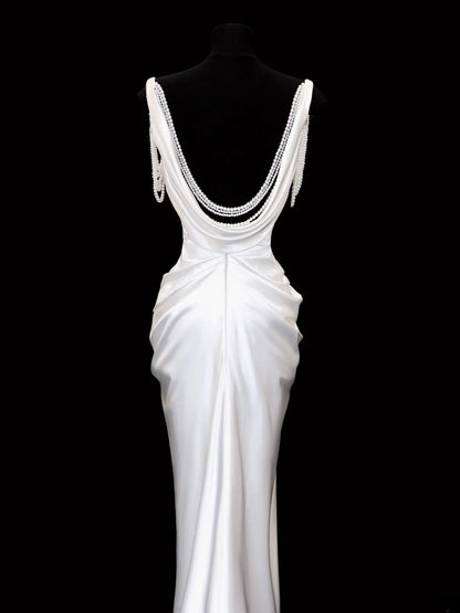 Robe de mariée intemporelle, robe sirène romantique à bretelles spaghetti ornée de perles et fendue, blanche, tailles petites et grandes, SA106