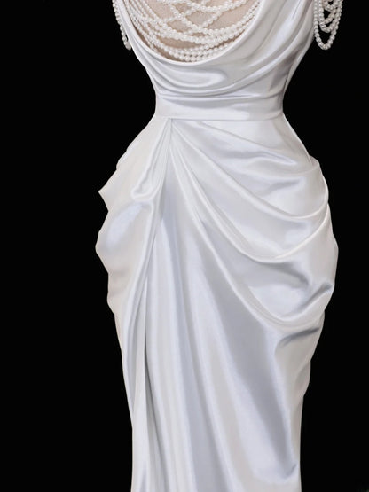 Robe de mariée intemporelle, robe sirène romantique à bretelles spaghetti ornée de perles et fendue, blanche, tailles petites et grandes, SA106