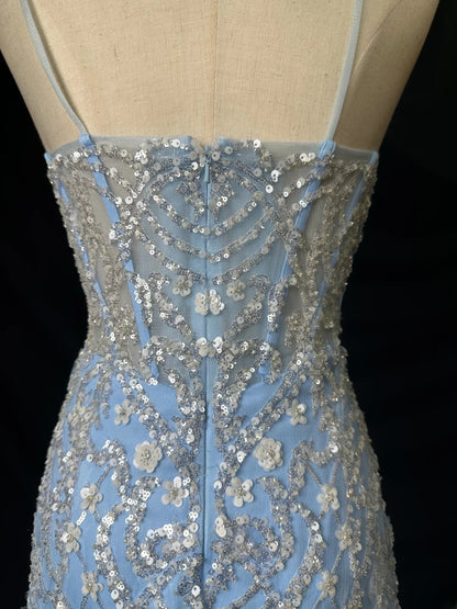 Vintage 70s Prom Dresses Mermaid Spaghetti Strap Light Blue With Sequin Flowers Long Evening Dress Formal Outfits RB5917