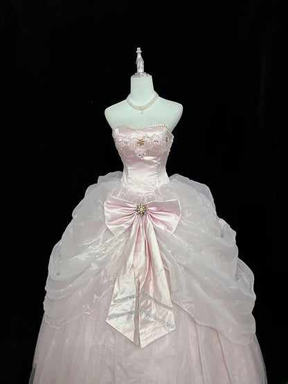 Princess Ball Gown Strapless Organza Pink With Bow-Knot Quince Dress Voluminous Sweet 16 Sweet Sixteen Outfits Vestido de 15 RB7476