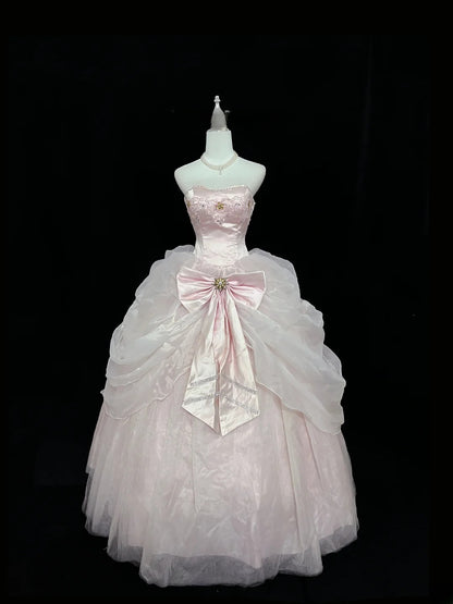 Princess Ball Gown Strapless Organza Pink With Bow-Knot Quince Dress Voluminous Sweet 16 Sweet Sixteen Outfits Vestido de 15 RB7476