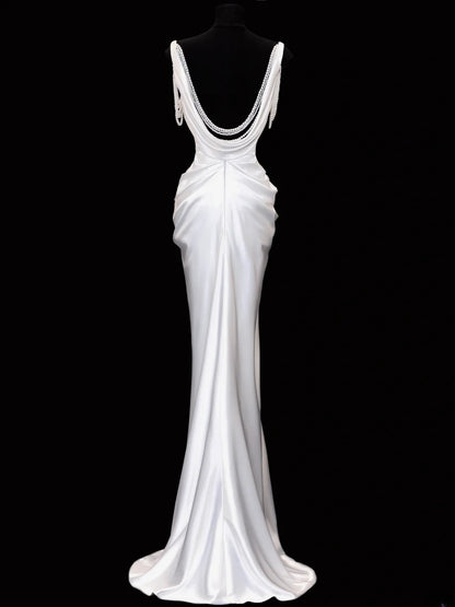 Robe de mariée intemporelle, robe sirène romantique à bretelles spaghetti ornée de perles et fendue, blanche, tailles petites et grandes, SA106