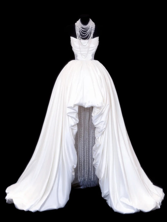 Wedding Gowns Dresses Elegant High Low Strapless Sequins White With Beadings Short Petite/Plus Size Bridal Gowns For Women SA107