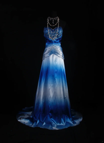 Vintage A-Linien-Cocktailkleid für Damen, herzförmiger Ausschnitt, blauer Ombré-Stil mit Perlenbesatz, langes Oberteil, Abendkleid, Abschlussballkleid AS107