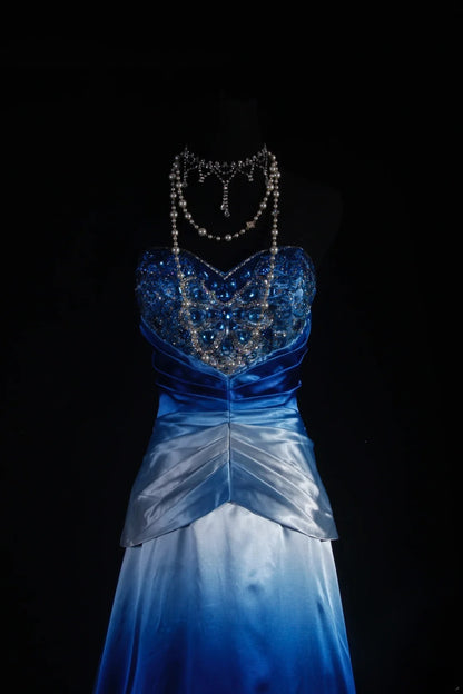 Vintage A-Linien-Cocktailkleid für Damen, herzförmiger Ausschnitt, blauer Ombré-Stil mit Perlenbesatz, langes Oberteil, Abendkleid, Abschlussballkleid AS107
