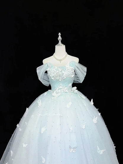 Cute Ball Gown Off The Shoulder Light Blue Tulle With Pearls Quince Dress Voluminous Ideas Sweet 16 Quinceanera Dresses Vestido de 15 RB7477