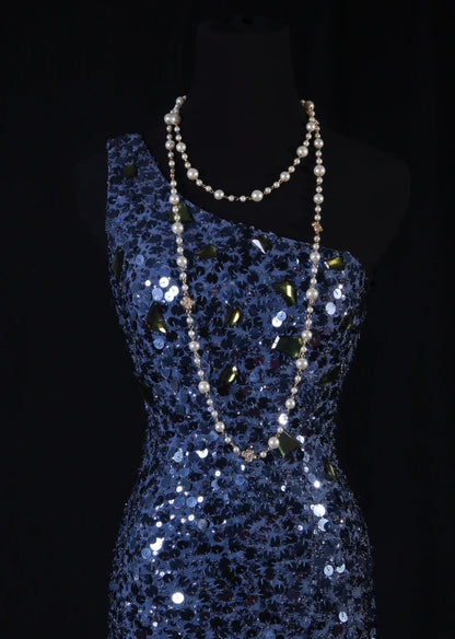 Robe fourreau chic à une épaule, sequins bleu marine, longueur genou, idéale pour un 16e anniversaire, un bal de promo ou une soirée cocktail (AS109)