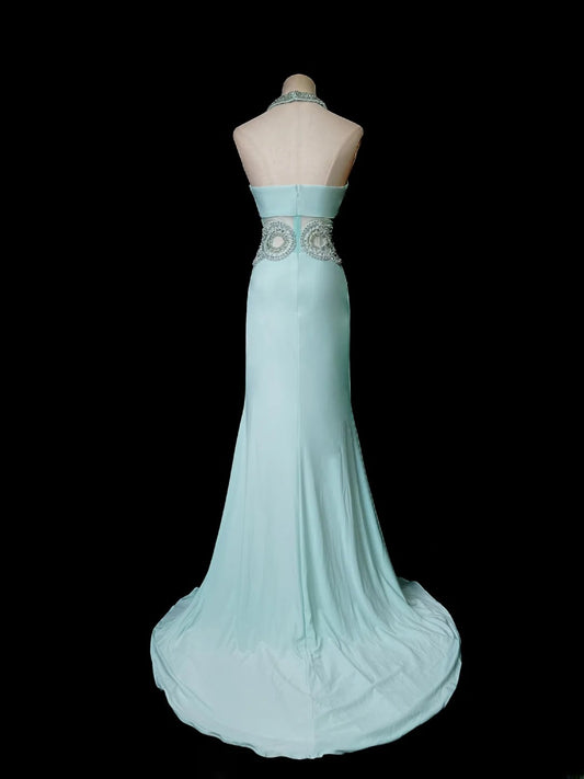 Vintage 70s Prom Dresses Mermaid Halter Tiffany Blue With Silver Beading Long Party Dress Formal Outfits RB5920