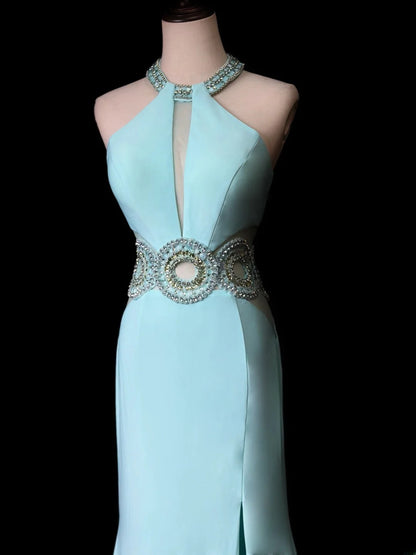 Vintage 70s Prom Dresses Mermaid Halter Tiffany Blue With Silver Beading Long Party Dress Formal Outfits RB5920